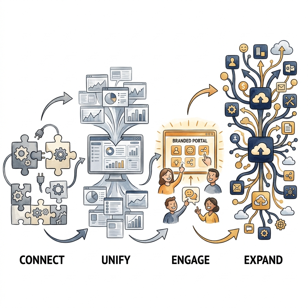 Connect, Unify, Engage, Expand client journey