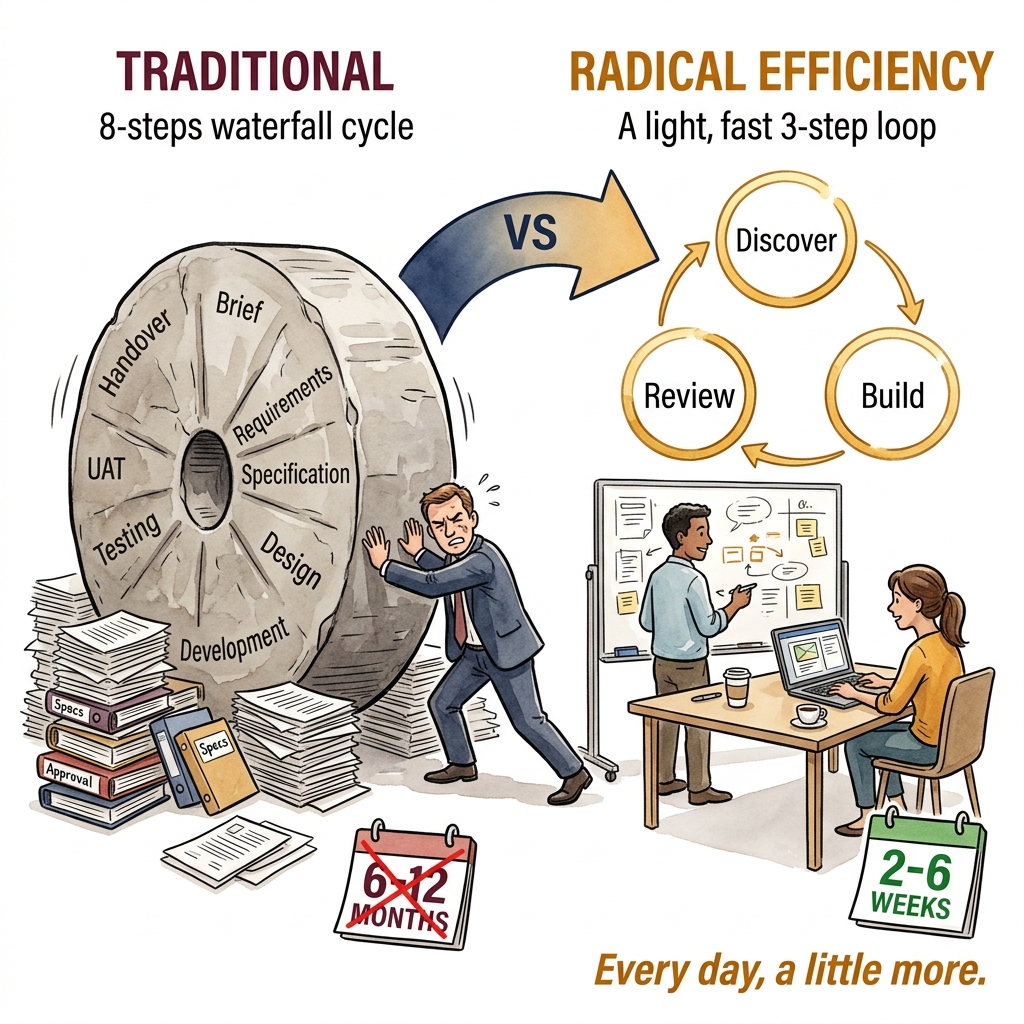 Traditional 8-step waterfall vs Mio continuous delivery loop